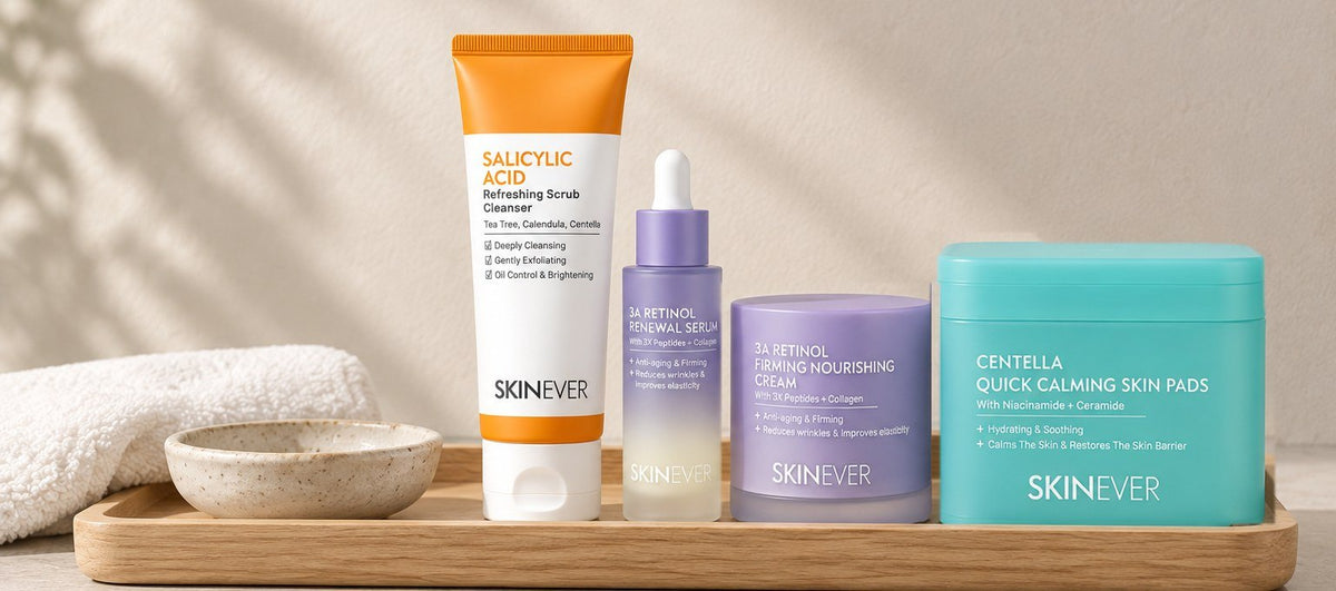 Lunávé cleanser, serum, 3A Renewal Cream and Centella Calming Pads on an oak tray