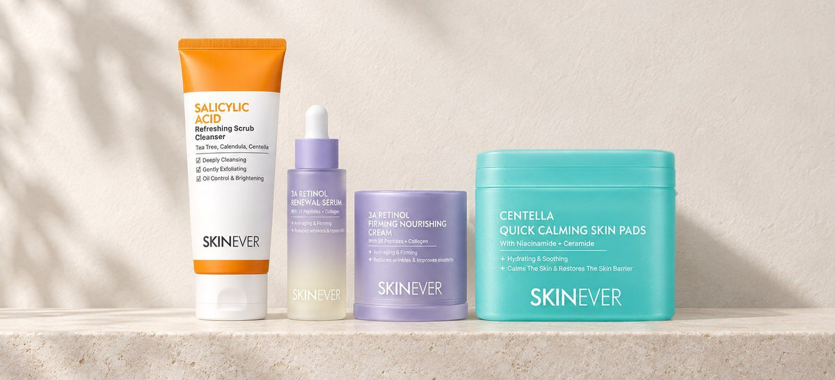 Lunávé Cleanser, Renewal Serum, 3A Renewal Cream and Centella Calming Pads on a stone shelf