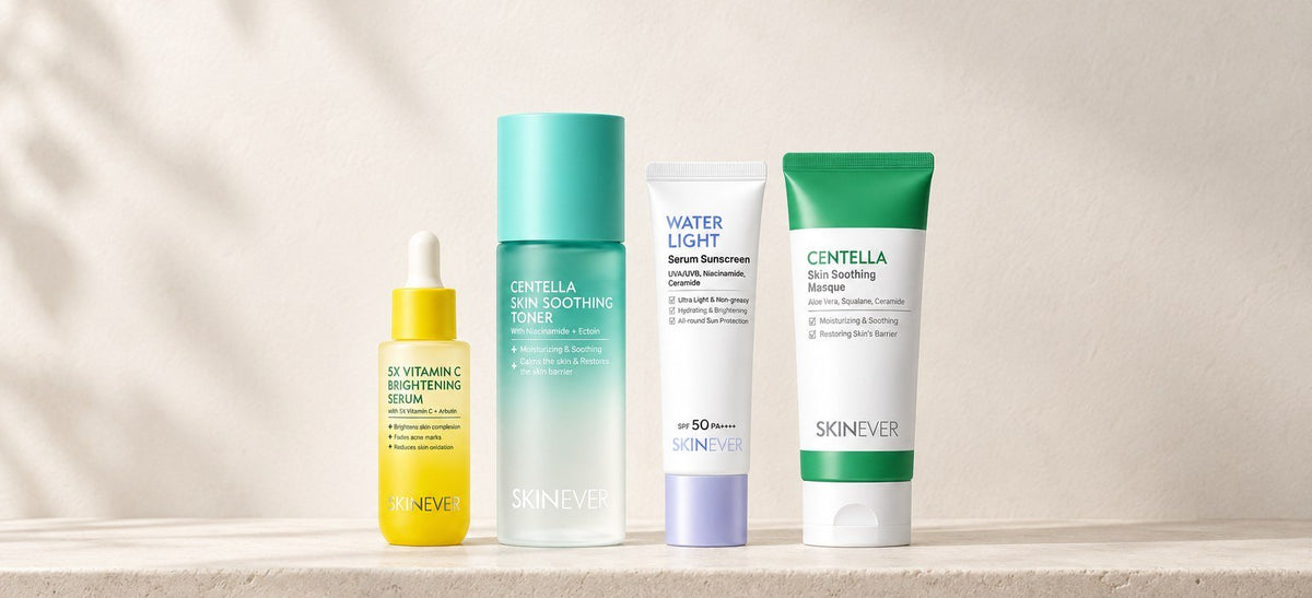 New in: vitamin C serum, centella toner, water light sunscreen and centella mask